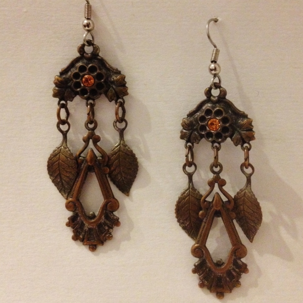 Chandelier Amber Rhinestone Earrings Mixed Metal Flower Leaf Pierced Dangle